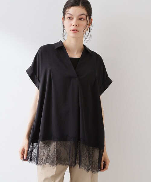 THE SHOP TK (ザ ショップ ティーケー )の「【ひんやり/体型カバー】裾レース切り替え スキッパーシャツ(シャツ/ブラウス・レディース・ブラック/ダークブラウン/オフホワイト・12/13)」の21枚目の写真