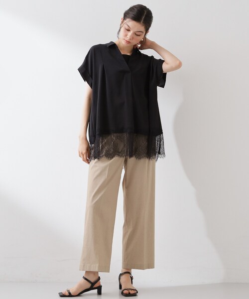 THE SHOP TK (ザ ショップ ティーケー )の「【ひんやり/体型カバー】裾レース切り替え スキッパーシャツ(シャツ/ブラウス・レディース・ブラック/ダークブラウン/オフホワイト・12/13)」の19枚目の写真
