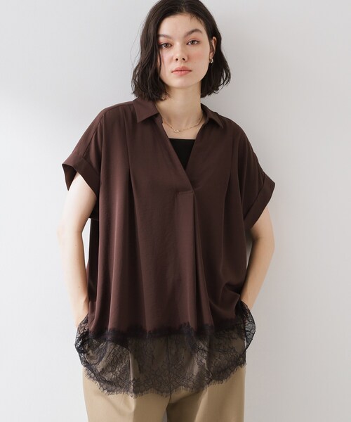 THE SHOP TK (ザ ショップ ティーケー )の「【ひんやり/体型カバー】裾レース切り替え スキッパーシャツ(シャツ/ブラウス・レディース・ブラック/ダークブラウン/オフホワイト・12/13)」の13枚目の写真