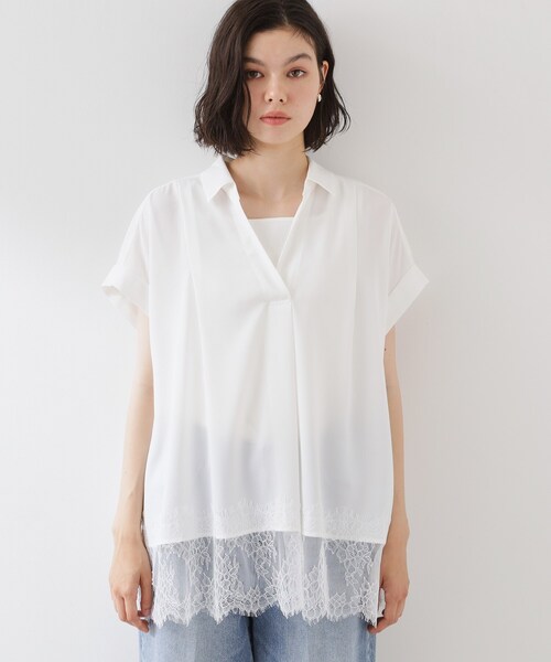 THE SHOP TK (ザ ショップ ティーケー )の「【ひんやり/体型カバー】裾レース切り替え スキッパーシャツ(シャツ/ブラウス・レディース・ブラック/ダークブラウン/オフホワイト・12/13)」の9枚目の写真
