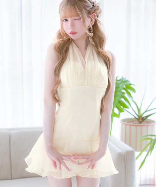 Tika(ティカ)の「キャバドレス ミニ フレア ノースリーブ チュール バックリボン ホルター シアー ドット ビジュー セクシードレス(ドレス・レディース・クリーム/ブラック・XL/M/L/S)」の5枚目の写真
