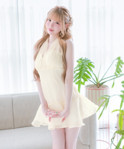 Tika(ティカ)の「キャバドレス ミニ フレア ノースリーブ チュール バックリボン ホルター シアー ドット ビジュー セクシードレス(ドレス・レディース・クリーム/ブラック・XL/M/L/S)」の6枚目の写真