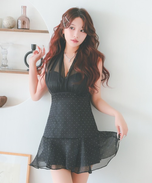 Tika(ティカ)の「キャバドレス ミニ フレア ノースリーブ チュール バックリボン ホルター シアー ドット ビジュー セクシードレス(ドレス・レディース・クリーム/ブラック・XL/M/L/S)」の12枚目の写真