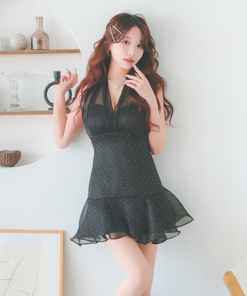 Tika(ティカ)の「キャバドレス ミニ フレア ノースリーブ チュール バックリボン ホルター シアー ドット ビジュー セクシードレス(ドレス・レディース・クリーム/ブラック・XL/M/L/S)」の13枚目の写真
