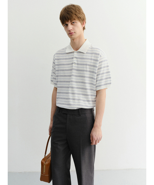 DUNST FOR MEN(ダンストフォーメン)の「STRIPED POLO KNIT_UNISEX_UDSW6B127_WHITE / SOFT BLUE(ニット/セーター・メンズ・ホワイト・X-SMALL/SMALL/MEDIUM/LARGE)」の2枚目の写真