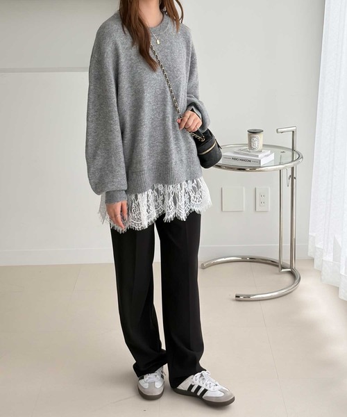 GeeRA（ジーラ）の「裾レースレイヤード風ドッキングニット（ニット/セーター・レディース・ベージュ/杢グレー・X-LARGE/LARGE/MEDIUM）」の6枚目の写真