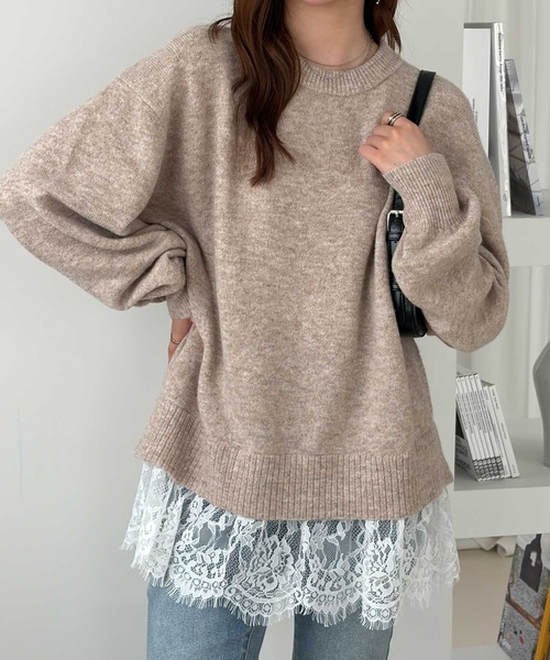 GeeRA（ジーラ）の「裾レースレイヤード風ドッキングニット（ニット/セーター・レディース・ベージュ/杢グレー・X-LARGE/LARGE/MEDIUM）」の8枚目の写真