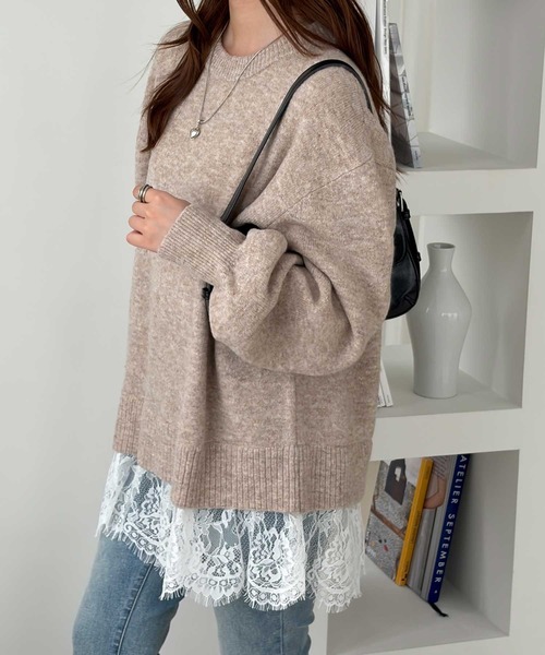 GeeRA（ジーラ）の「裾レースレイヤード風ドッキングニット（ニット/セーター・レディース・ベージュ/杢グレー・X-LARGE/LARGE/MEDIUM）」の9枚目の写真