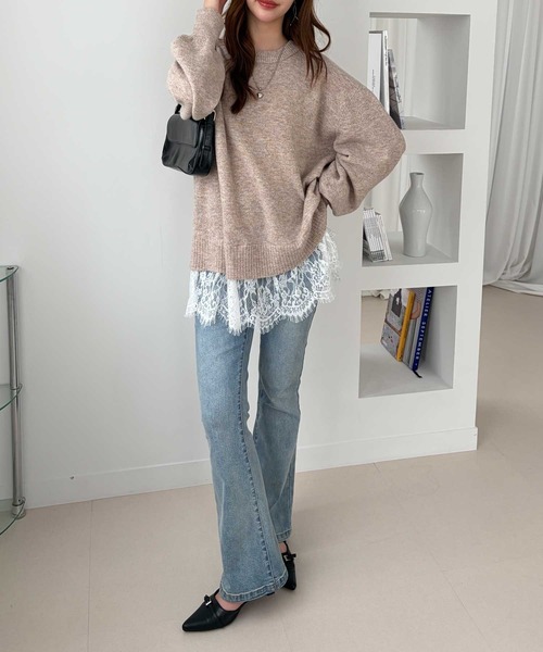 GeeRA（ジーラ）の「裾レースレイヤード風ドッキングニット（ニット/セーター・レディース・ベージュ/杢グレー・X-LARGE/LARGE/MEDIUM）」の13枚目の写真