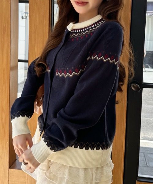 Ada.(エイダ)の「求心柄 ノルディック クルーネックカーディガン(カーディガン/ボレロ・レディース・ネイビー/ホワイト・FREE)」の5枚目の写真