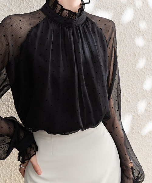 deux amour(ドゥーザムール)の「ドット柄シースルー切り替えハイネックブラウス(シャツ/ブラウス・レディース・ブラック・FREE)」の7枚目の写真
