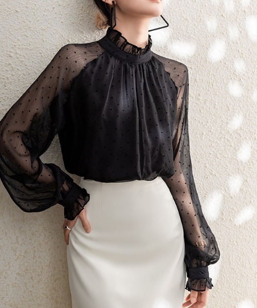 deux amour(ドゥーザムール)の「ドット柄シースルー切り替えハイネックブラウス(シャツ/ブラウス・レディース・ブラック・FREE)」の4枚目の写真