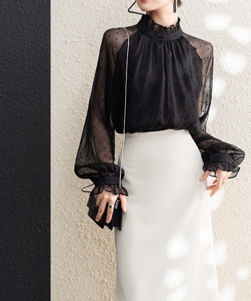 deux amour(ドゥーザムール)の「ドット柄シースルー切り替えハイネックブラウス(シャツ/ブラウス・レディース・ブラック・FREE)」の5枚目の写真