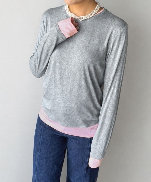 DONOBAN(ドノバン)の「【1枚でこなれ感のあるレイヤードスタイルが完成】【pufe】レイヤード ロングTee ロンT レディース 長袖 Tシャツ カットソー トップス フェイクレイヤード 重ね着風 配色 バイカラー ボーダー 無地 クルーネック 薄手 ストレッチ ロングスリーブ 春 秋 冬 美シルエット 柔らかい 肌触り pufe ピュフェ(Tシャツ/カットソー・レディース・ホワイト/ブラウン/グレー/レッド・ONE SIZE)」の3枚目の写真