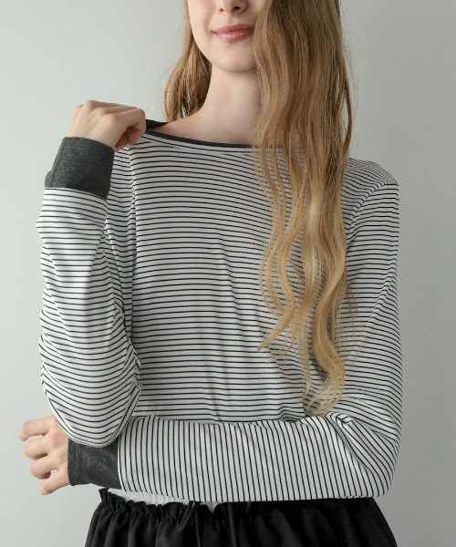 DONOBAN(ドノバン)の「【1枚でこなれ感のあるレイヤードスタイルが完成】【pufe】レイヤード ロングTee ロンT レディース 長袖 Tシャツ カットソー トップス フェイクレイヤード 重ね着風 配色 バイカラー ボーダー 無地 クルーネック 薄手 ストレッチ ロングスリーブ 春 秋 冬 美シルエット 柔らかい 肌触り pufe ピュフェ(Tシャツ/カットソー・レディース・ホワイト/ブラウン/グレー/レッド・ONE SIZE)」の7枚目の写真