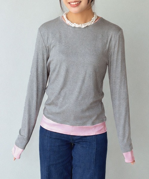 DONOBAN(ドノバン)の「【1枚でこなれ感のあるレイヤードスタイルが完成】【pufe】レイヤード ロングTee ロンT レディース 長袖 Tシャツ カットソー トップス フェイクレイヤード 重ね着風 配色 バイカラー ボーダー 無地 クルーネック 薄手 ストレッチ ロングスリーブ 春 秋 冬 美シルエット 柔らかい 肌触り pufe ピュフェ(Tシャツ/カットソー・レディース・ホワイト/ブラウン/グレー/レッド・ONE SIZE)」の14枚目の写真
