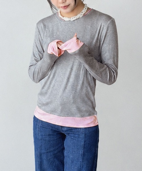 DONOBAN(ドノバン)の「【1枚でこなれ感のあるレイヤードスタイルが完成】【pufe】レイヤード ロングTee ロンT レディース 長袖 Tシャツ カットソー トップス フェイクレイヤード 重ね着風 配色 バイカラー ボーダー 無地 クルーネック 薄手 ストレッチ ロングスリーブ 春 秋 冬 美シルエット 柔らかい 肌触り pufe ピュフェ(Tシャツ/カットソー・レディース・ホワイト/ブラウン/グレー/レッド・ONE SIZE)」の15枚目の写真