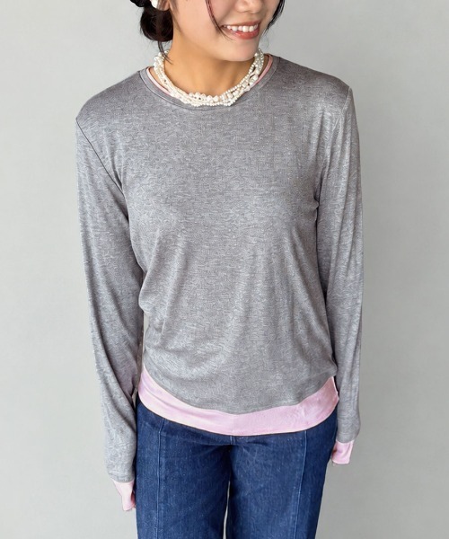 DONOBAN(ドノバン)の「【1枚でこなれ感のあるレイヤードスタイルが完成】【pufe】レイヤード ロングTee ロンT レディース 長袖 Tシャツ カットソー トップス フェイクレイヤード 重ね着風 配色 バイカラー ボーダー 無地 クルーネック 薄手 ストレッチ ロングスリーブ 春 秋 冬 美シルエット 柔らかい 肌触り pufe ピュフェ(Tシャツ/カットソー・レディース・ホワイト/ブラウン/グレー/レッド・ONE SIZE)」の16枚目の写真