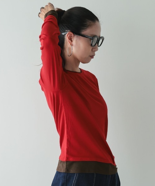 DONOBAN(ドノバン)の「【1枚でこなれ感のあるレイヤードスタイルが完成】【pufe】レイヤード ロングTee ロンT レディース 長袖 Tシャツ カットソー トップス フェイクレイヤード 重ね着風 配色 バイカラー ボーダー 無地 クルーネック 薄手 ストレッチ ロングスリーブ 春 秋 冬 美シルエット 柔らかい 肌触り pufe ピュフェ(Tシャツ/カットソー・レディース・ホワイト/ブラウン/グレー/レッド・ONE SIZE)」の20枚目の写真
