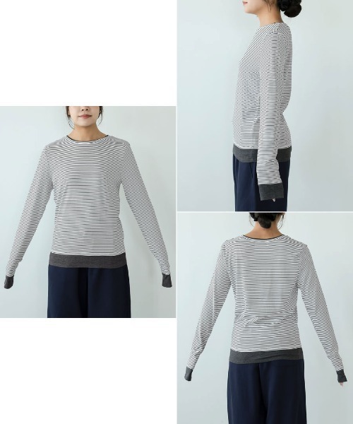DONOBAN(ドノバン)の「【1枚でこなれ感のあるレイヤードスタイルが完成】【pufe】レイヤード ロングTee ロンT レディース 長袖 Tシャツ カットソー トップス フェイクレイヤード 重ね着風 配色 バイカラー ボーダー 無地 クルーネック 薄手 ストレッチ ロングスリーブ 春 秋 冬 美シルエット 柔らかい 肌触り pufe ピュフェ(Tシャツ/カットソー・レディース・ホワイト/ブラウン/グレー/レッド・ONE SIZE)」の22枚目の写真