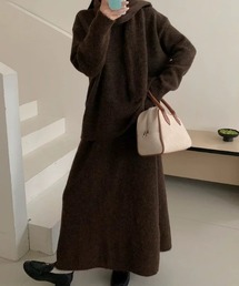 マフラー付きニットトップススカート3点 セットアップ