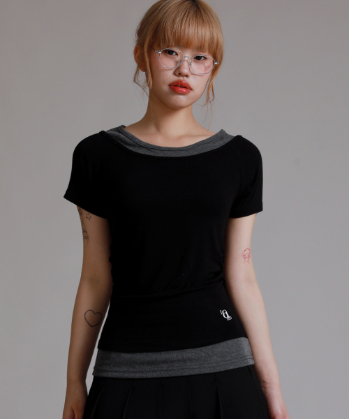 LIKE THE MOST(ライクザモースト)の「シャーリングポイントオフレイヤード半袖Tシャツ_ブラック(Tシャツ/カットソー・レディース・ブラック×グレー・SMALL/MEDIUM/LARGE)」の5枚目の写真