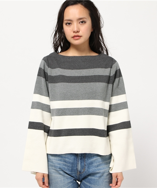MOUSSY（マウジー）の「FLARE SLEEVE STRIPE TOP（ニット/セーター・レディース・ブラック系その他/イエロー系その他/ブルー系その他・FREE）」の4枚目の写真