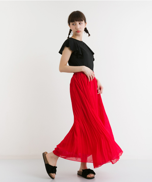 MERLOT（メルロー）の「シフォンプリーツスカート1038（スカート・レディース・オフホワイト/グレー/ブラック/レッド/ブル－グレ－/モカ/イエロー/チェリーピンク・FREE）」の14枚目の写真