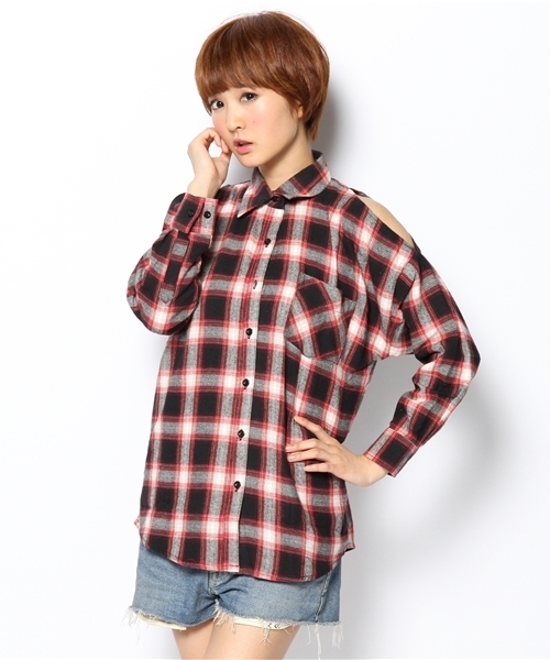 WEGO(ウィゴー)の「WEGO/オープンショルダーチェックシャツ(シャツ/ブラウス・レディース・ブラック/レッド・FREE)」の10枚目の写真