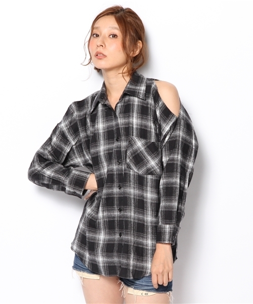 WEGO(ウィゴー)の「WEGO/オープンショルダーチェックシャツ(シャツ/ブラウス・レディース・ブラック/レッド・FREE)」の13枚目の写真