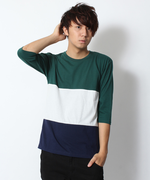 WEGO（ウィゴー）の「WEGO/三段バイカラーTee（7）（Tシャツ/カットソー・メンズ・ホワイト/ダークグリーン/ネイビー・MEDIUM/LARGE）」の3枚目の写真