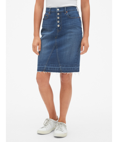 GAP(ギャップ)の「ハイライズ ボタンフライ デニム ペンシルスカート(ローヘム)(デニムスカート・レディース・インディゴブルー・24/25/26/27/28/23)」の1枚目の写真