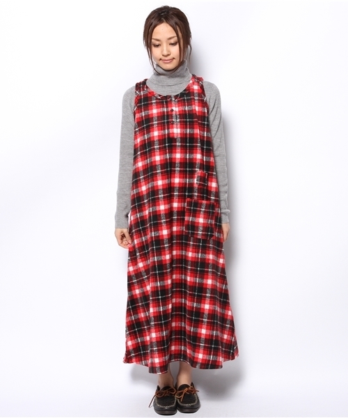 BEAMS BOY（ビームスボーイ）の「□BEAMS BOY / ネルチェックヘンリー ノースリーブワンピース **（ワンピース・レディース・ブラック/ベージュ/レッド/オリーブ・ONE SIZE）」の7枚目の写真