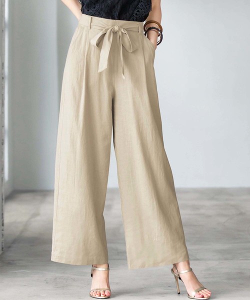 GeeRA（ジーラ）の「リボンベルト付麻混タックワイドパンツ（その他パンツ・レディース・ブラック/ベージュ/カーキ/ストライプ・SMALL/MEDIUM/LARGE/X-LARGE）」の2枚目の写真