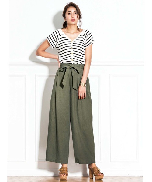 GeeRA（ジーラ）の「リボンベルト付麻混タックワイドパンツ（その他パンツ・レディース・ブラック/ベージュ/カーキ/ストライプ・SMALL/MEDIUM/LARGE/X-LARGE）」の8枚目の写真
