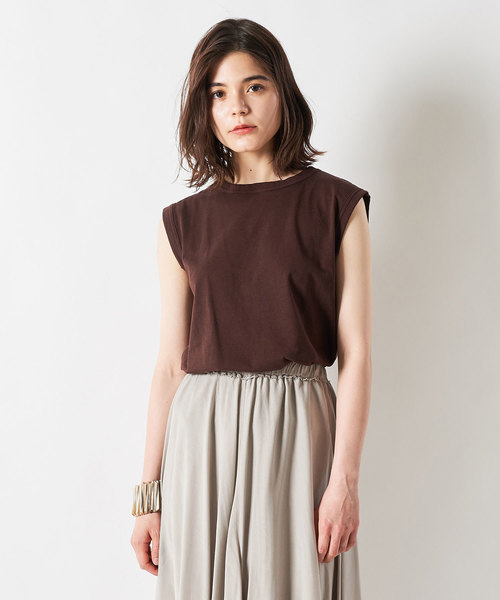 Whim Gazette(ウィムガゼット)の「スーピマリネンドライ天竺ノースリーブプルオーバー(Tシャツ/カットソー・レディース・ホワイト/ライトグレー/ブラック/カーキ/ライトベージュ/ダークブラウン/サーモンピンク・FREE)」の4枚目の写真