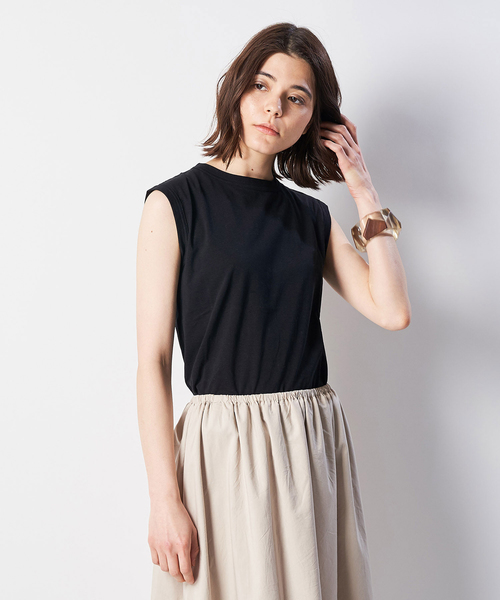 Whim Gazette(ウィムガゼット)の「スーピマリネンドライ天竺ノースリーブプルオーバー(Tシャツ/カットソー・レディース・ホワイト/ライトグレー/ブラック/カーキ/ライトベージュ/ダークブラウン/サーモンピンク・FREE)」の2枚目の写真