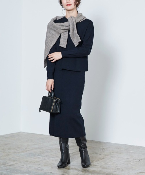 UR'S（ユアーズ）の「ﾘﾎﾞﾝ付ﾆｯﾄ×ﾀｲﾄｽｶｰﾄｾｯﾄｱｯﾌﾟ（アンサンブル・レディース・ブラウン/ブラック/ライトベージュ/チャコール/ネイビー・S/M/L）」の5枚目の写真