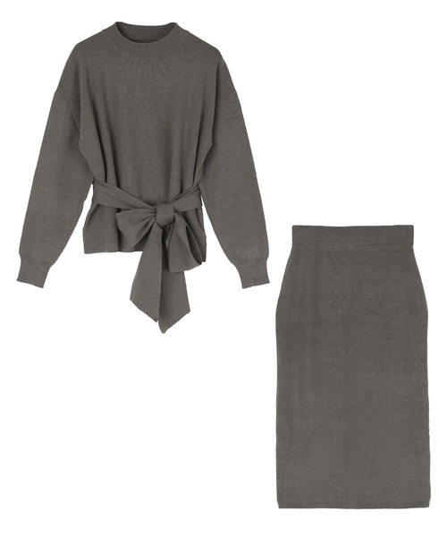 UR'S（ユアーズ）の「ﾘﾎﾞﾝ付ﾆｯﾄ×ﾀｲﾄｽｶｰﾄｾｯﾄｱｯﾌﾟ（アンサンブル・レディース・ブラウン/ブラック/ライトベージュ/チャコール/ネイビー・S/M/L）」の16枚目の写真