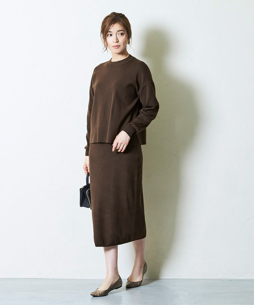 UR'S（ユアーズ）の「ﾘﾎﾞﾝ付ﾆｯﾄ×ﾀｲﾄｽｶｰﾄｾｯﾄｱｯﾌﾟ（アンサンブル・レディース・ブラウン/ブラック/ライトベージュ/チャコール/ネイビー・S/M/L）」の6枚目の写真