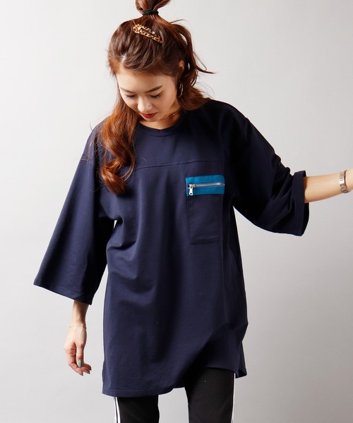 Growth by in the attic（グロウスバイインジアティック）の「【Growth by In the attic】ZIPビックポケット付き オーバーサイズ半袖Tシャツ（Tシャツ/カットソー・メンズ・ネイビー/ホワイト・M/L）」の5枚目の写真