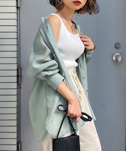 PAGEBOY（ページボーイ）の「バンドカラーシアーロングスリーブシャツ（シャツ/ブラウス・レディース・ブラック/オフホワイト/ライトグリーン/グレイッシュベージュ・FREE）」の4枚目の写真