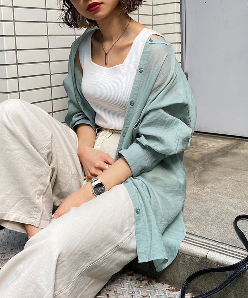 PAGEBOY（ページボーイ）の「バンドカラーシアーロングスリーブシャツ（シャツ/ブラウス・レディース・ブラック/オフホワイト/ライトグリーン/グレイッシュベージュ・FREE）」の15枚目の写真