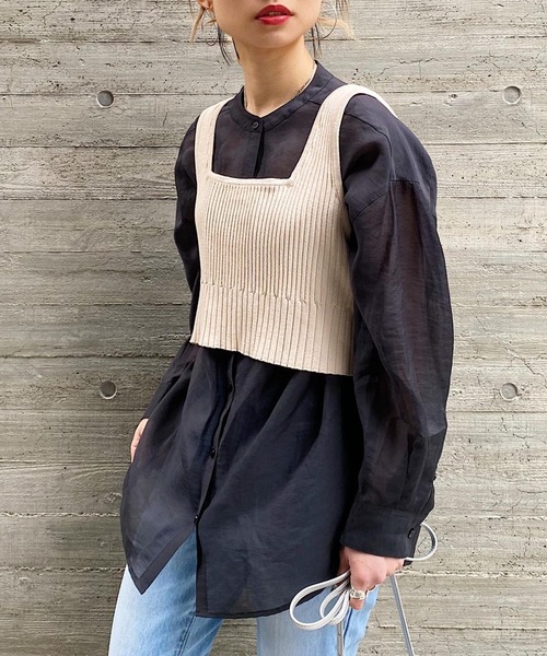 PAGEBOY（ページボーイ）の「バンドカラーシアーロングスリーブシャツ（シャツ/ブラウス・レディース・ブラック/オフホワイト/ライトグリーン/グレイッシュベージュ・FREE）」の7枚目の写真