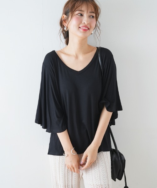 Futier land(フューティアランド)の「フレアスリーブTシャツ(Tシャツ/カットソー・レディース・ホワイト/ブラック/グレー/イエロー/パープル系その他/ブルーグリーン・FREE)」の7枚目の写真