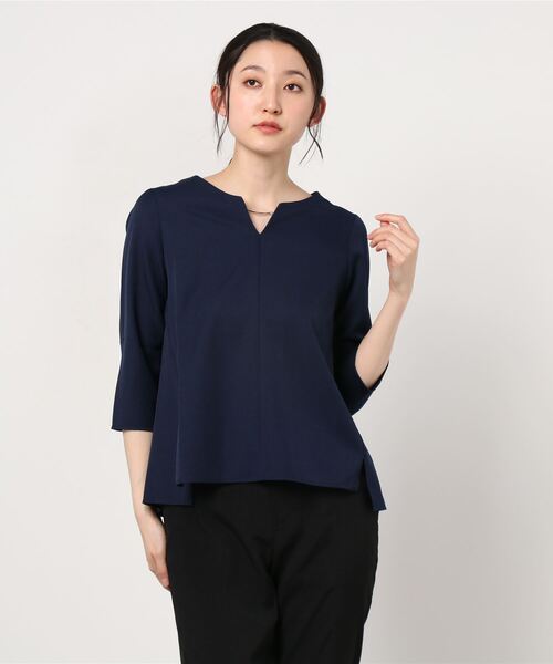 Perfect Suit FActory（パーフェクトスーツファクトリー）の「リネンライク　麻調　セットアップ　ブラウス　ネイビー/グレー（Tシャツ/カットソー・レディース・ネイビー/ライトグレー・L/M）」の10枚目の写真