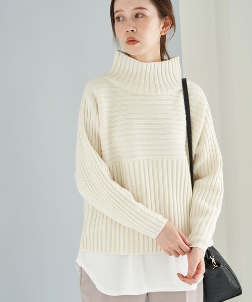 ROPE' PICNIC（ロペピクニック）の「【芳根京子さん別注カラー:ブルー,カラシ】リブ切替プルオーバー（ニット/セーター・レディース・ブラック/キナリ/ブラウン系その他2/カーキ/ラベンダー/ピンク系その他/クリーム/グリーン/ピンク/ブルー/マスタード・38/40）」の2枚目の写真