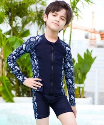 TeddyShop（テディショップ）の「【UVカット率 99.9%以上】キッズスクール水着 長袖ラッシュガード+トロピカル柄パンツ+キャップ 3点セット（水着・キッズ）」