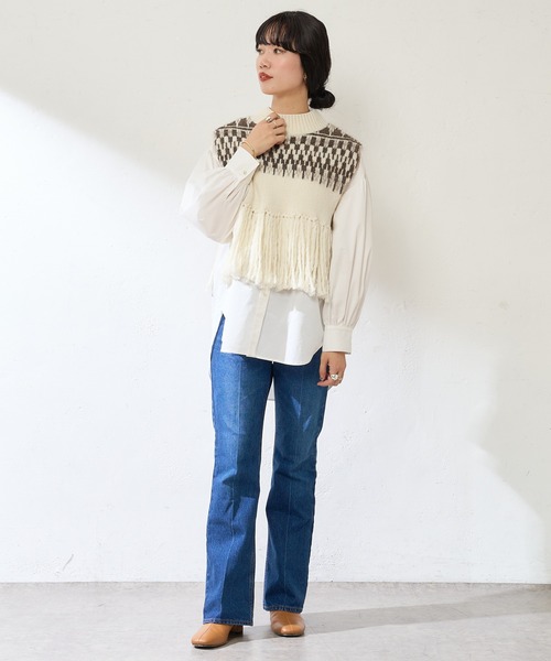 SHENERY（シーナリー）の「ノルディック柄フリンジベスト（ニット/セーター・レディース・ブラック/オフホワイト・FREE）」の8枚目の写真