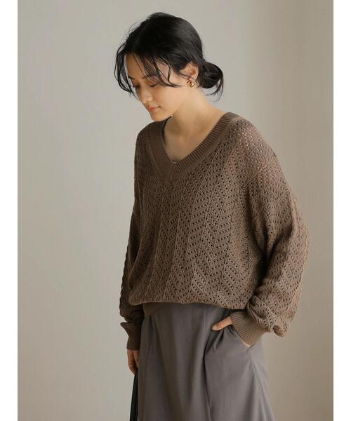 AMERICAN HOLIC（アメリカンホリック）の「Vネックテープヤーンニットプルオーバー（ニット/セーター・レディース・アイボリー/モカ・M/L）」の3枚目の写真